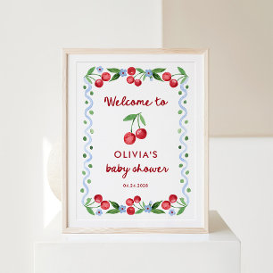 Poster Cerises rouges Baby shower rétro Whimsical Bienv