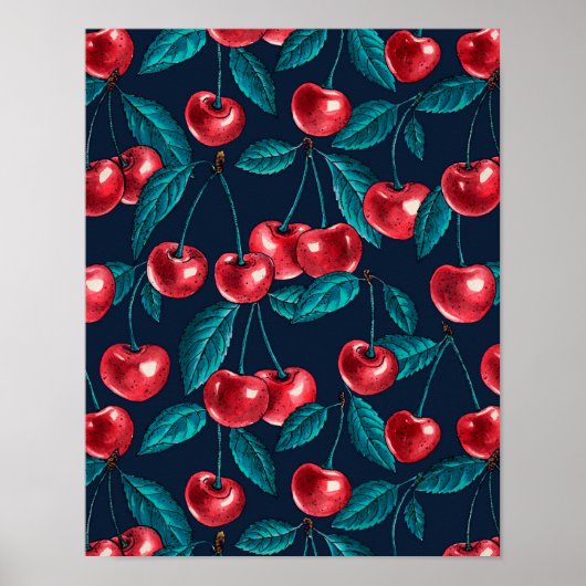 Poster Cerises rouges sur bleu foncé (Devant)