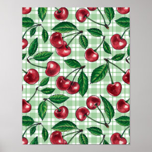 Poster Cerises rouges sur en vichy vert clair