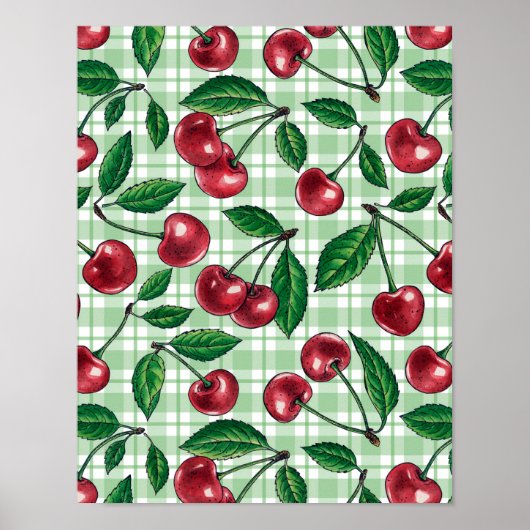 Poster Cerises rouges sur en vichy vert clair (Devant)