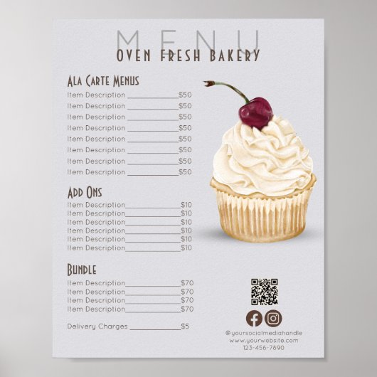 Poster Cerry Cupcake Gray Menu Boulangerie Tarifs (Devant)