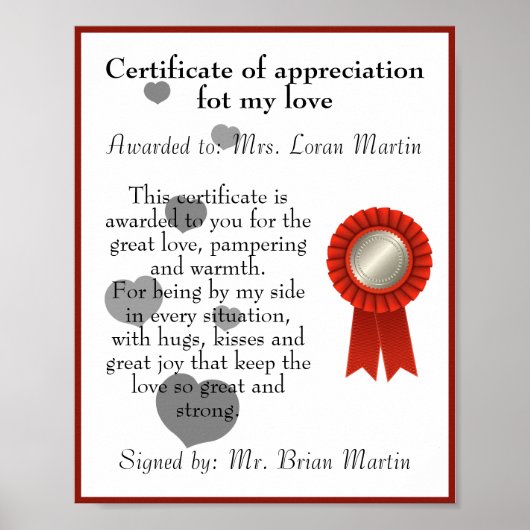 Poster Certificat Anniversaire d'Appréciation pour l'Amou (Devant)