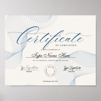 Poster Certificat bleu d'achèvement, réalisation, excel