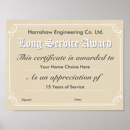 Poster Certificat d'adjudication long service de la socié (Devant)