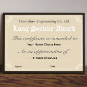 Poster Certificat d'adjudication long service de la socié