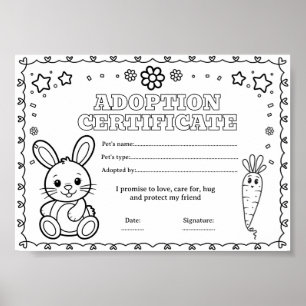 Poster Certificat d'adoption de lapin de Pâques à colorie