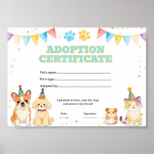 Poster Certificat d'adoption d'un animal de compagnie à c