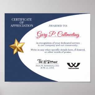 Poster Certificat d'appréciation employé bénévole