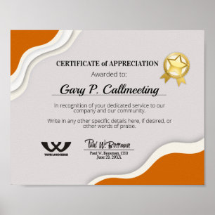 Poster Certificat d'appréciation employé bénévole