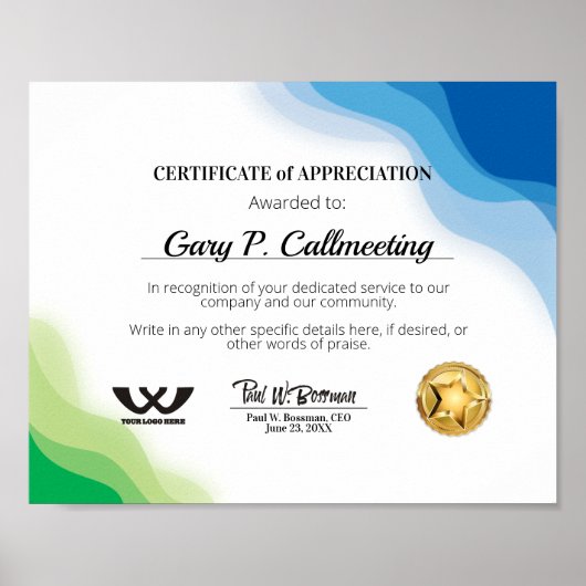 Poster Certificat d'appréciation personnel bénévole (Devant)