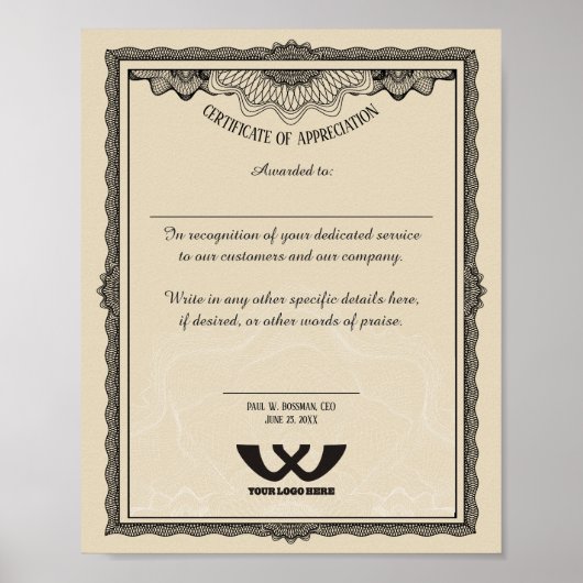 Poster Certificat d'appréciation prix du personnel employ (Devant)