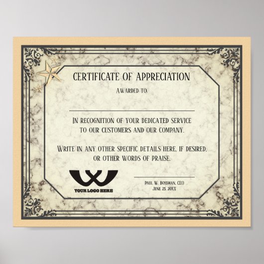 Poster Certificat d'appréciation prix du personnel employ (Devant)