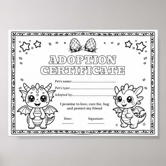 Poster Certificat de coloriage d'adoption d'animal de com (Devant)