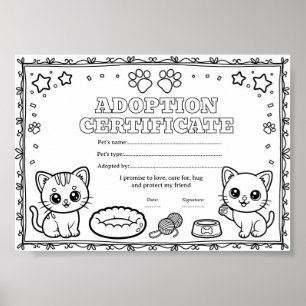 Poster Certificat de coloriage d'adoption d'un animal de 
