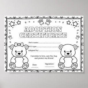 Poster Certificat de coloriage d'adoption d'un animal de 
