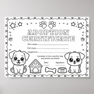 Poster Certificat de coloriage d'adoption d'un animal de