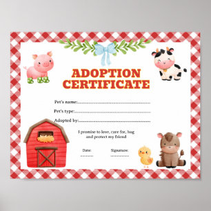 Poster Certificat de coloriage de ferme d'adoption d'anim
