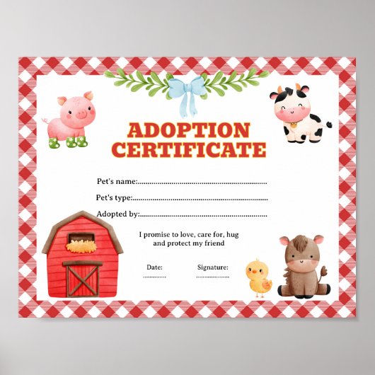 Poster Certificat de coloriage de ferme d'adoption d'anim (Devant)
