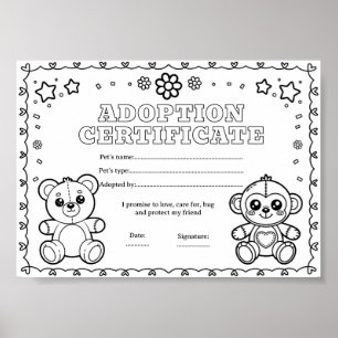 Poster Certificat de coloriage pour l'adoption d'un anima