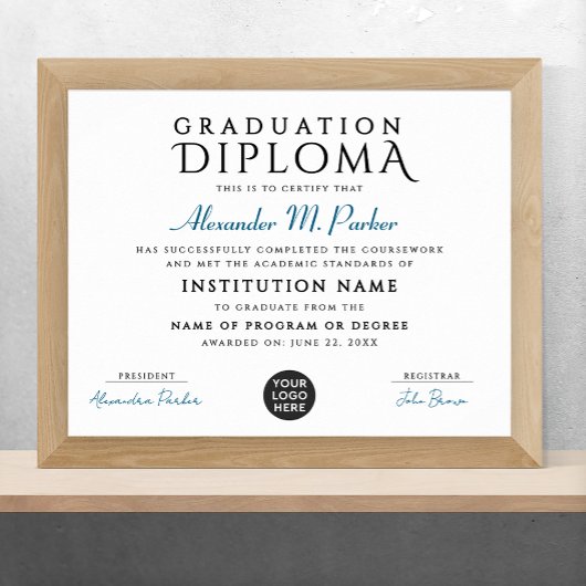 Poster Certificat de logo simple et élégant bleu blanc