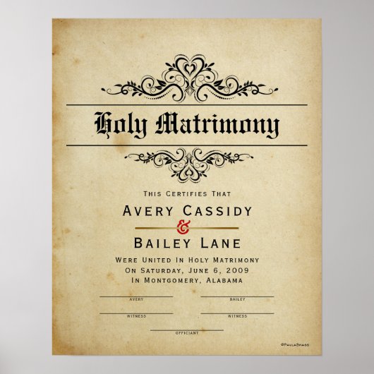 Poster Certificat de Mariage antique "Saint Mariage" (Devant)