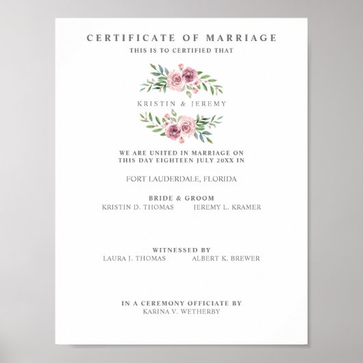 Poster Certificat de mariage avec couronne de fleurs rose (Devant)