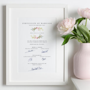 Poster Certificat de mariage avec Garland floral en rose
