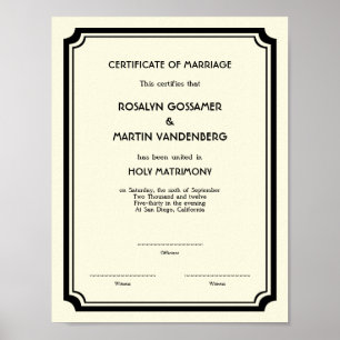 Poster Certificat de mariage Black Deco frame keepsaké éc