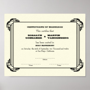 Poster Certificat de mariage Black Deco frame keepsaké éc