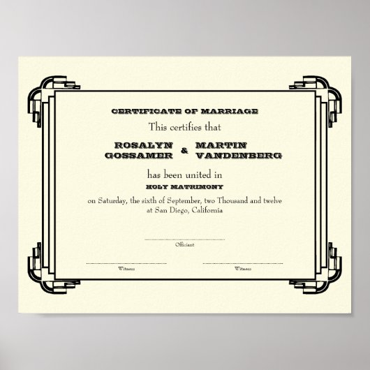 Poster Certificat de mariage Black Deco frame keepsaké éc (Devant)