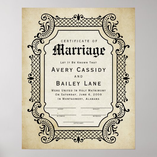 Poster Certificat de Mariage de cadre de bordure Trellis  (Devant)