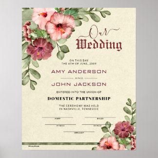 Poster Certificat de Mariage floral de "partenariat intér
