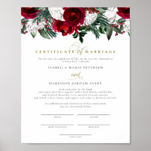 Poster Certificat de mariage floral d'hiver de Bourgogne