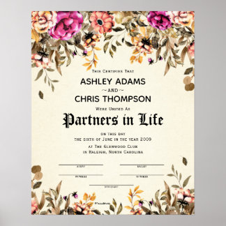 Poster Certificat de Mariage floral "Partenaires pour la