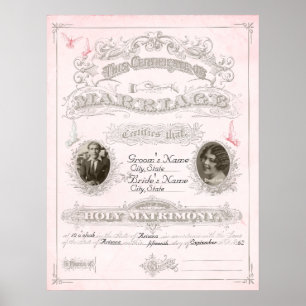Poster Certificat de mariage pour papillon rose et ivoire