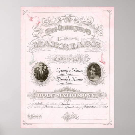 Poster Certificat de mariage pour papillon rose et ivoire (Devant)