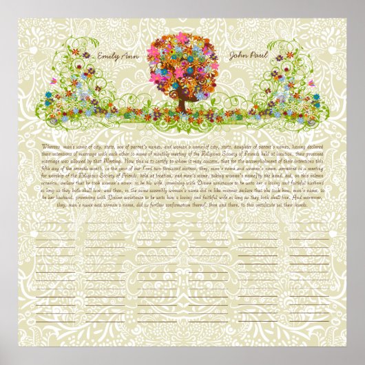 Poster Certificat de Mariage Quaker Imprimé d'Arbre Fleur (Devant)