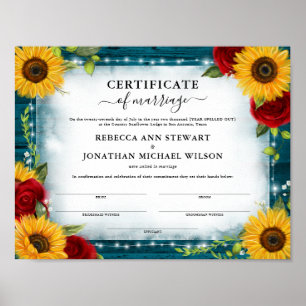 Poster Certificat de mariage turquoise Rose de tournesol