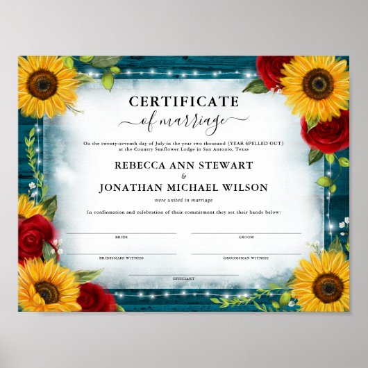 Poster Certificat de mariage turquoise Rose de tournesol (Devant)