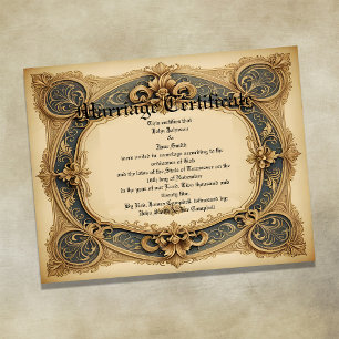 Poster Certificat de mariage vintage bleu et or