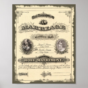 Poster Certificat de mariage vintage des années 1800