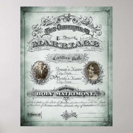 Poster Certificat de mariage Vintage Tone Sage (Devant)