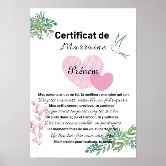 Poster Certificat de Marraine (Devant)