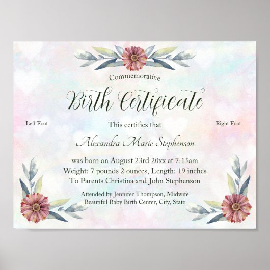 Poster Certificat de naissance Garder l'empreinte de bébé (Devant)