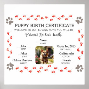 Poster Certificat de naissance personnalisé de chiot