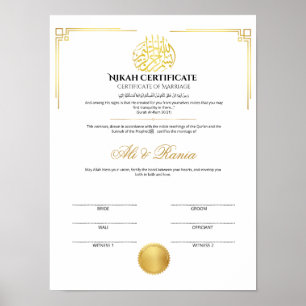 Poster Certificat de Nikah en or élégant avec sceau