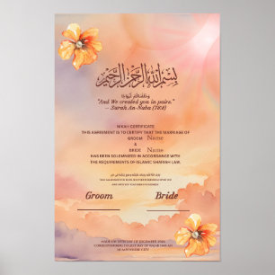 Poster Certificat de Nikah islamique Peach Floral & Perle