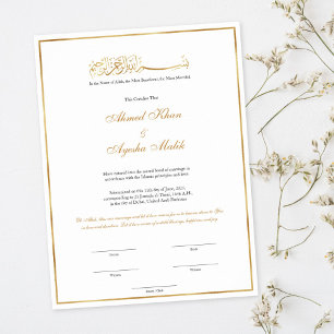 Poster Certificat de Nikkah en or pour mariage islamique