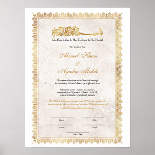 Poster Certificat de Nikkah en or pour mariage islamique