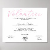 Poster Certificat de reconnaissance de bénévole rose élég (Devant)